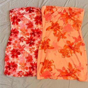 SHEIN Strapless Dresses with Orange/Red Floral Pattern